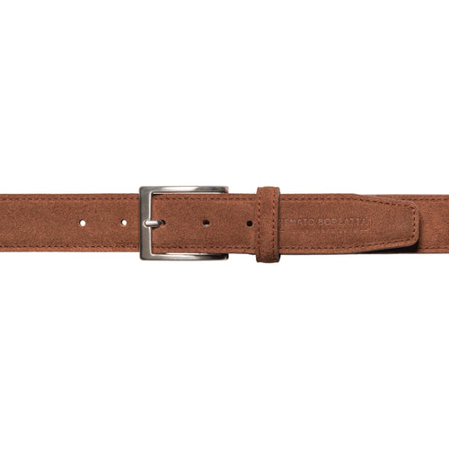 Load image into Gallery viewer, RB4029CZ | Cintura Uomo Made in Italy in Vera Pelle Scamosciata. Fibbia in finitura Argento Satinato. Colore Bruciato. Dimensioni: cm 125 x 3,5 x 0,5 (giro vita cm 110)-1
