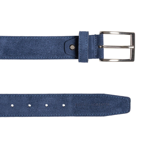 Load image into Gallery viewer, RB4029D | Cintura Uomo Made in Italy in Vera Pelle Scamosciata. Fibbia in finitura Argento Satinato. Colore Blu. Dimensioni: cm 125 x 3,5 x 0,5 (giro vita cm 110)-2
