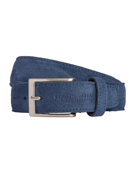 RB4029D | Cintura Uomo Made in Italy in Vera Pelle Scamosciata. Fibbia in finitura Argento Satinato. Colore Blu. Dimensioni: cm 125 x 3,5 x 0,5 (giro vita cm 110)-0
