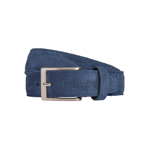 Load image into Gallery viewer, RB4029D | Cintura Uomo Made in Italy in Vera Pelle Scamosciata. Fibbia in finitura Argento Satinato. Colore Blu. Dimensioni: cm 125 x 3,5 x 0,5 (giro vita cm 110)-0
