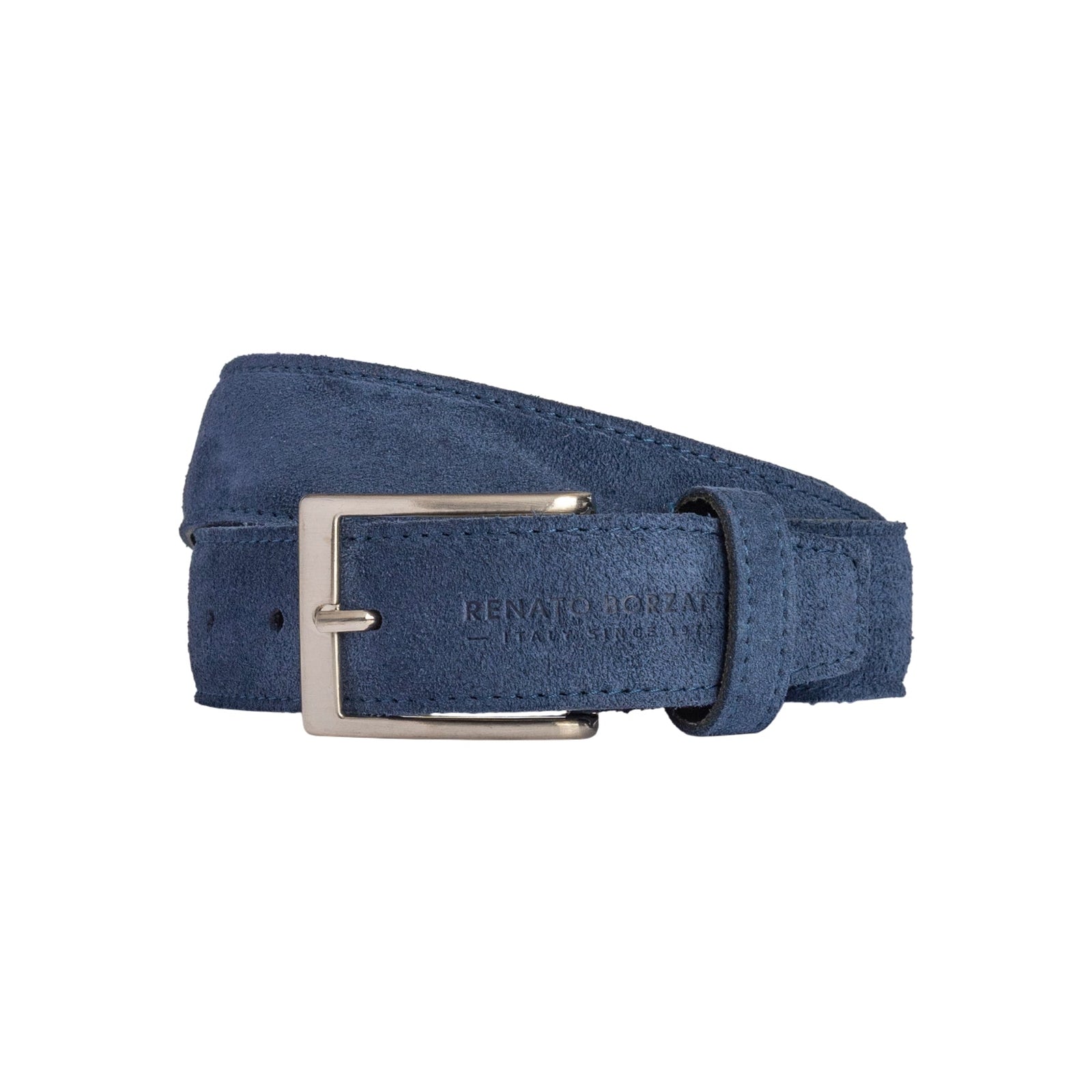 RB4029D | Cintura Uomo Made in Italy in Vera Pelle Scamosciata. Fibbia in finitura Argento Satinato. Colore Blu. Dimensioni: cm 125 x 3,5 x 0,5 (giro vita cm 110)-0