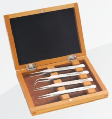 Kit 4 pinzette da orologiaio con scatola in legno/ 4 watchmaker tweezers, wooden box-0