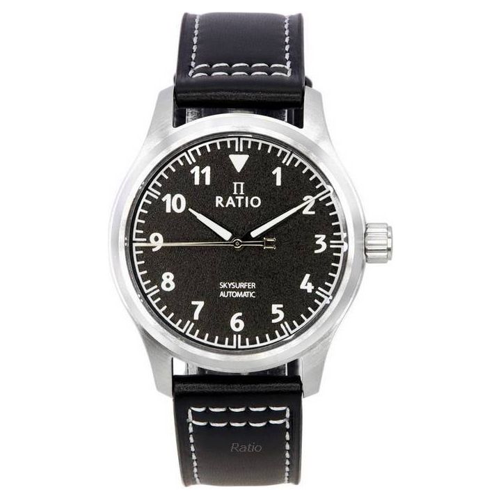 Ratio Skysurfer Pilot Black Textured Dial Leather Automatic Men's Watch - RTS303