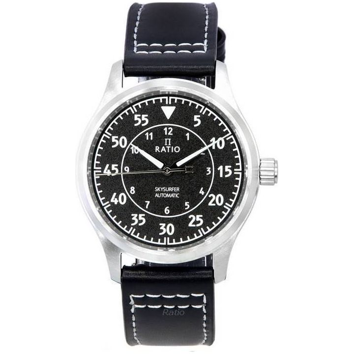 Ratio Skysurfer Pilot Black Textured Dial Leather Automatic Men's Watch