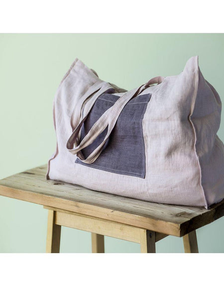 Pale Pink linen beach bag with two tones