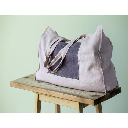 Load image into Gallery viewer, Pale Pink linen beach bag with two tones
