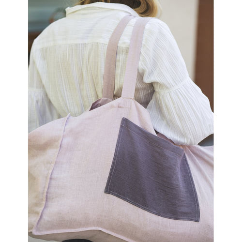 Load image into Gallery viewer, Pale Pink linen beach bag with two tones
