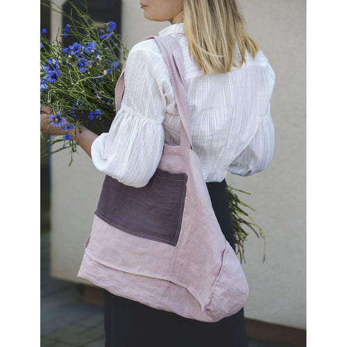 Load image into Gallery viewer, Pale Pink linen beach bag with two tones
