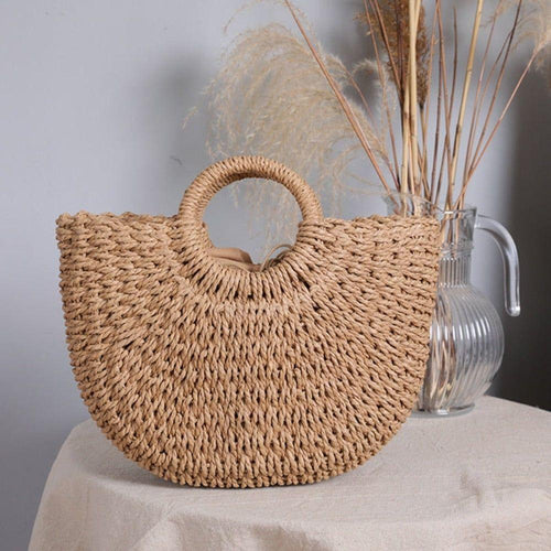 Load image into Gallery viewer, Designer Handbag: Summer Top Handle Semi Circle Straw Bag
