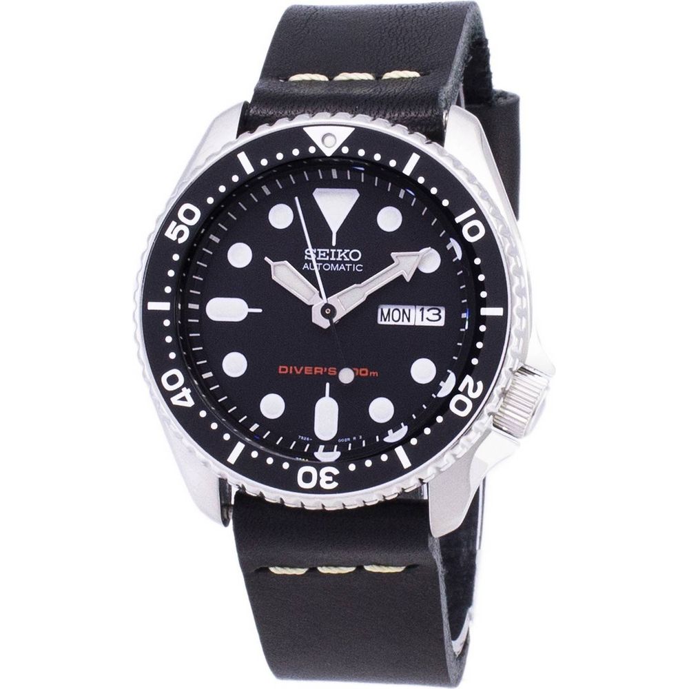 Seiko Automatic SKX007K1-var-LS14 Diver's 200M Black Leather Strap Men's Watch