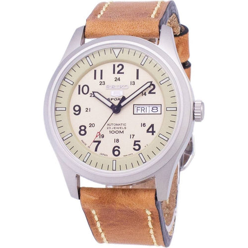 Load image into Gallery viewer, Seiko 5 Sports SNZG07J1-var-LS17 Military Japan Made Brown Leather Strap Men&#39;s Watch
