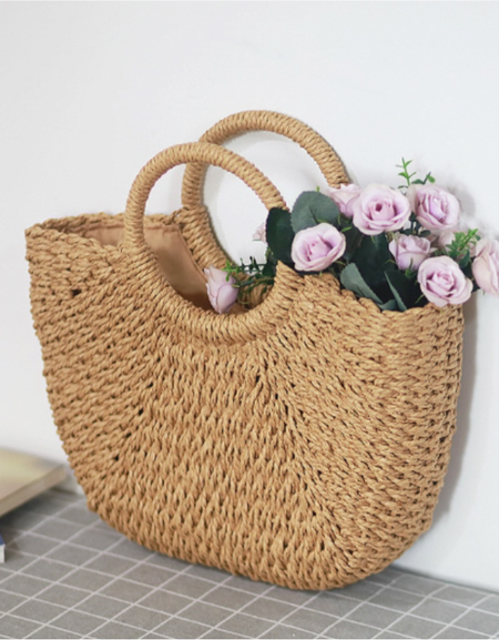 Designer Handbag: Summer Top Handle Semi Circle Straw Bag