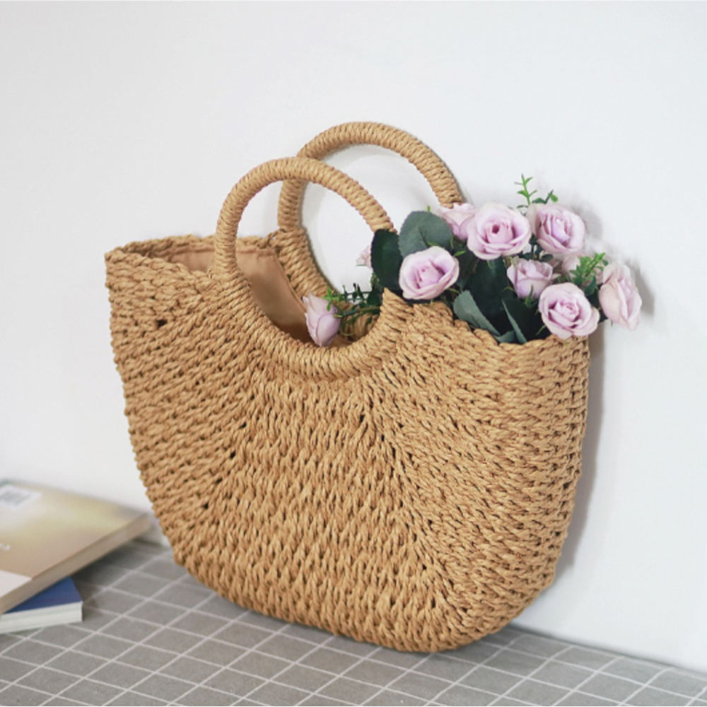 Designer Handbag: Summer Top Handle Semi Circle Straw Bag