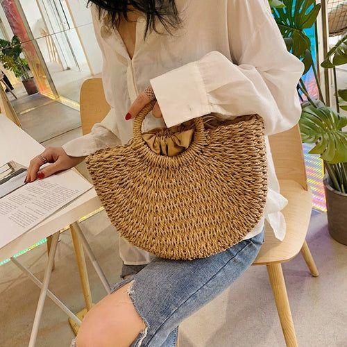 Load image into Gallery viewer, Designer Handbag: Summer Top Handle Semi Circle Straw Bag
