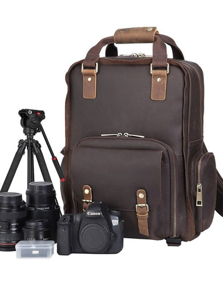The Gaetano | Large Leather Backpack Camera Bag with Tripod Holder