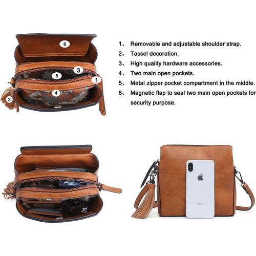 Load image into Gallery viewer, Vegan Elegance Triple Compartment Crossbody Bag in Tan
