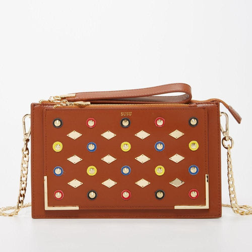 Load image into Gallery viewer, Studded Crossbody Brown Clutch
