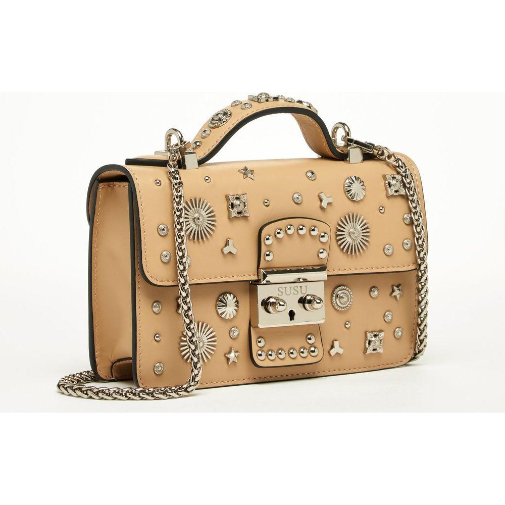 SUSU The Hollywood Leather Crossbody Studded Bag in Dark Beige