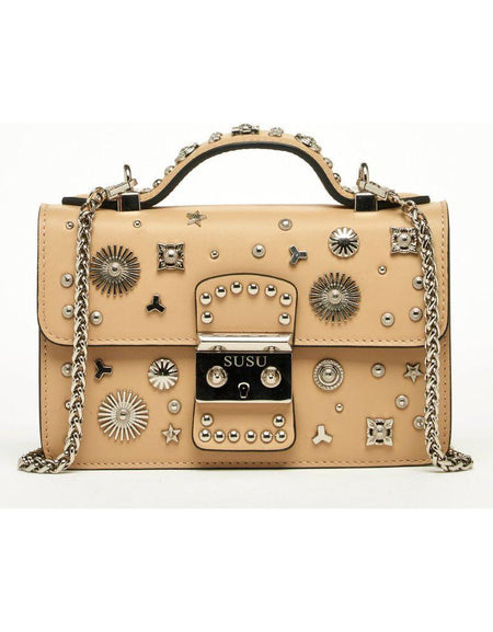 SUSU The Hollywood Leather Crossbody Studded Bag in Dark Beige