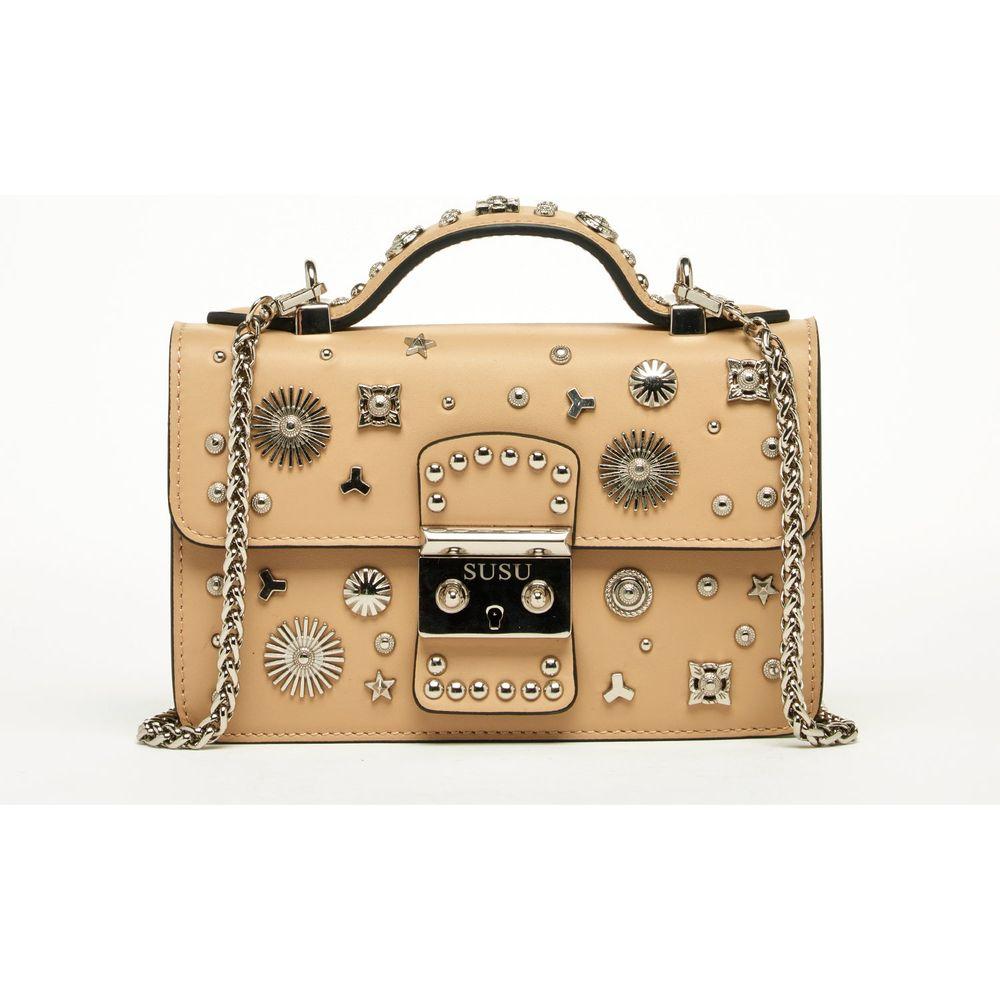 SUSU The Hollywood Leather Crossbody Studded Bag in Dark Beige