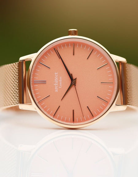 Ladies Architēct Coral - Handwriting Engraving + Rose Gold Mesh Strap