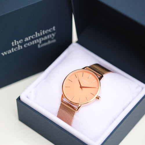 Load image into Gallery viewer, Ladies Architēct Coral - Handwriting Engraving + Rose Gold Mesh Strap
