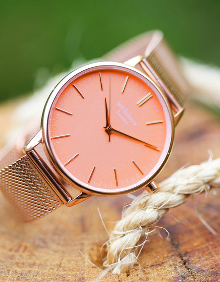Ladies Architēct Coral - Handwriting Engraving + Rose Gold Mesh Strap