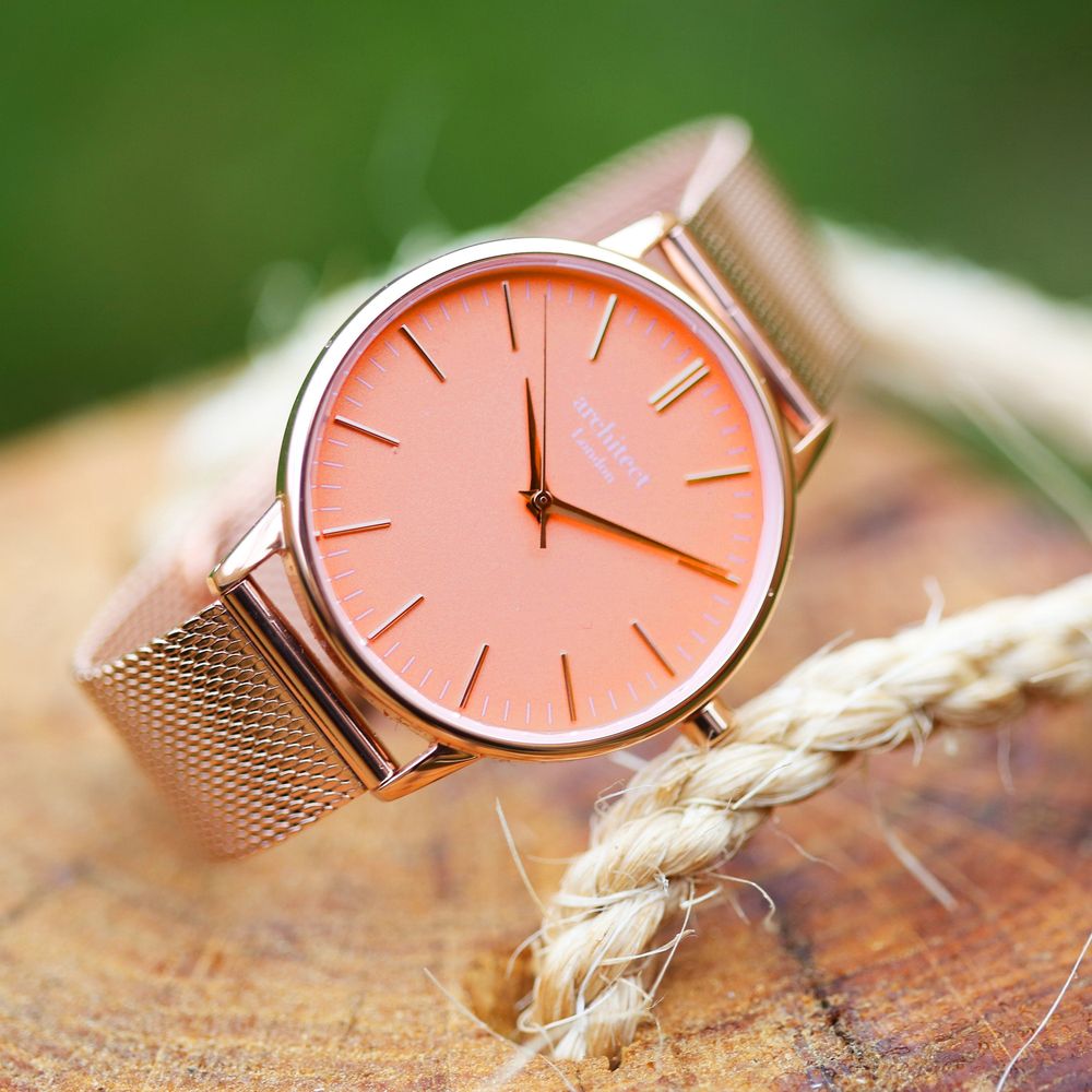 Ladies Architēct Coral - Handwriting Engraving + Rose Gold Mesh Strap