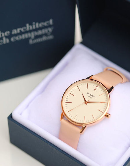 Ladies Architēct Blanc - Modern Font Engraving + Light Pink Strap