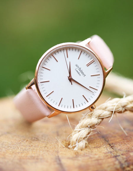 Ladies Architēct Blanc - Modern Font Engraving + Light Pink Strap