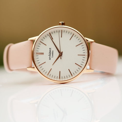 Load image into Gallery viewer, Ladies Architēct Blanc - Modern Font Engraving + Light Pink Strap
