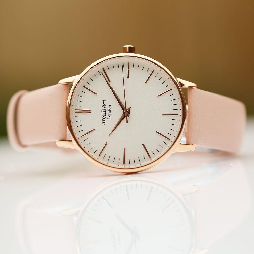 Ladies Architēct Blanc - Modern Font Engraving + Light Pink Strap