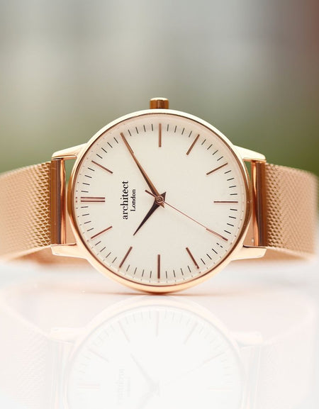 Ladies Architēct Blanc - Handwriting Engraving + Rose Gold Mesh Strap