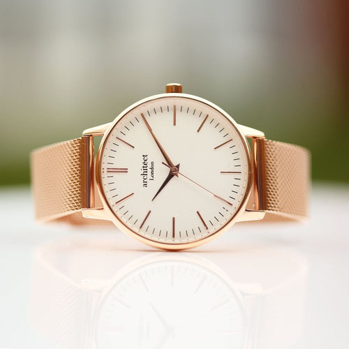 Load image into Gallery viewer, Ladies Architēct Blanc - Handwriting Engraving + Rose Gold Mesh Strap
