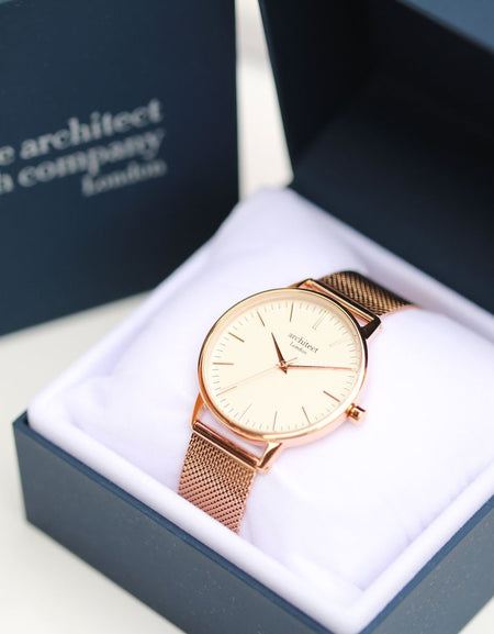 Ladies Architēct Blanc - Handwriting Engraving + Rose Gold Mesh Strap