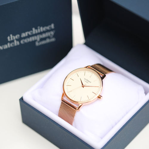 Load image into Gallery viewer, Ladies Architēct Blanc - Handwriting Engraving + Rose Gold Mesh Strap
