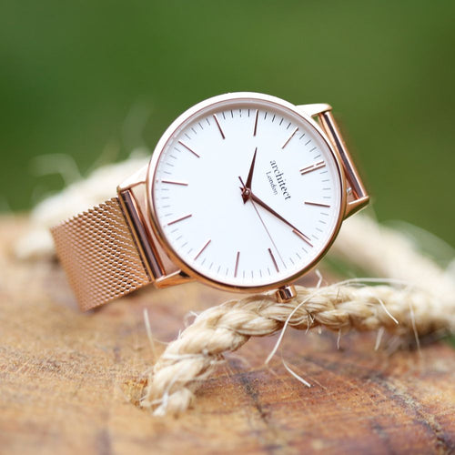 Load image into Gallery viewer, Ladies Architēct Blanc - Handwriting Engraving + Rose Gold Mesh Strap
