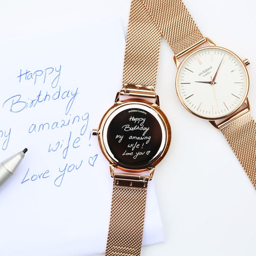 Load image into Gallery viewer, Ladies Architēct Blanc - Handwriting Engraving + Rose Gold Mesh Strap
