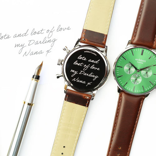 Load image into Gallery viewer, Handwriting Engraving - Men&#39;s Architect Motivator Green Face Walnut
