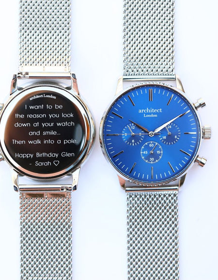 Men's Architect Motivator In Blue With Silver Mesh Strap - Modern Font