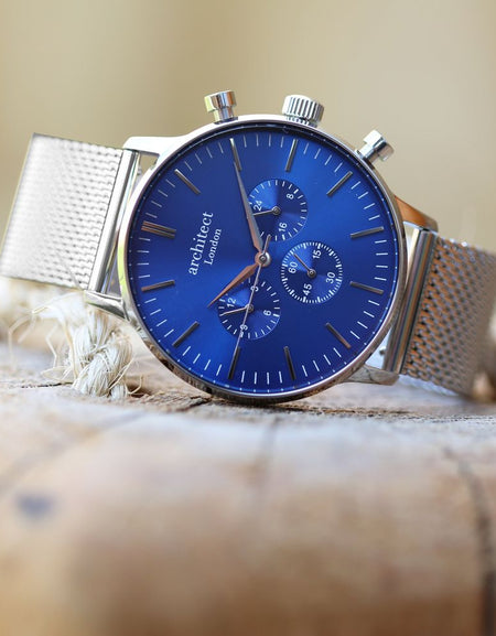 Men's Architect Motivator In Blue With Silver Mesh Strap - Modern Font