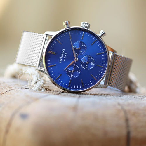 Load image into Gallery viewer, Men's Architect Motivator In Blue With Silver Mesh Strap - Modern Font
