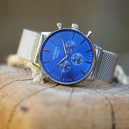 Load image into Gallery viewer, Men&#39;s Architect Motivator In Blue With Silver Mesh Strap - Modern Font
