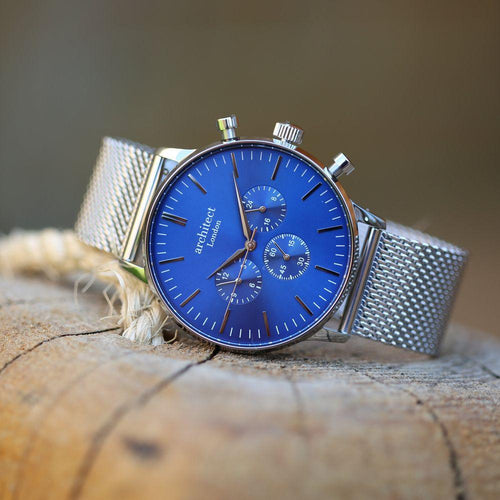 Load image into Gallery viewer, Men&#39;s Architect Motivator In Blue With Silver Mesh Strap - Modern Font
