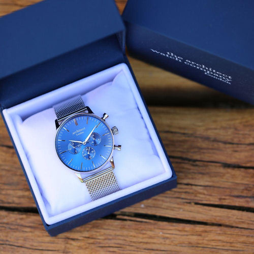 Load image into Gallery viewer, Men&#39;s Architect Motivator In Blue With Silver Mesh Strap - Modern Font
