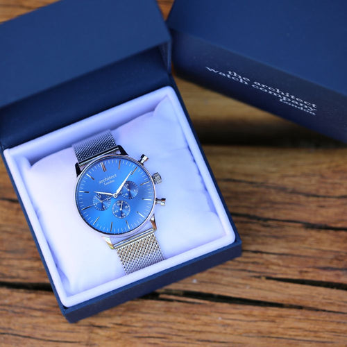 Load image into Gallery viewer, Men's Architect Motivator In Blue With Silver Mesh Strap - Modern Font
