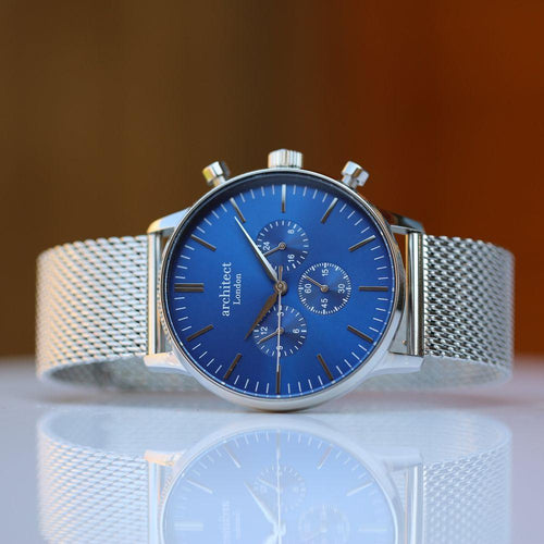 Load image into Gallery viewer, Men&#39;s Architect Motivator In Blue With Silver Mesh Strap - Modern Font
