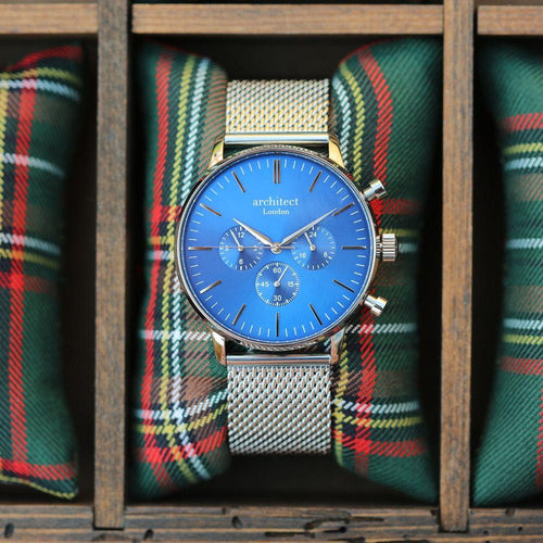 Load image into Gallery viewer, Men&#39;s Architect Motivator In Blue With Silver Mesh Strap - Modern Font
