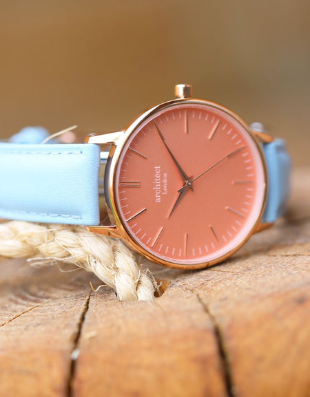 Ladies Architēct Coral - Handwriting Engraving + Light Blue Strap