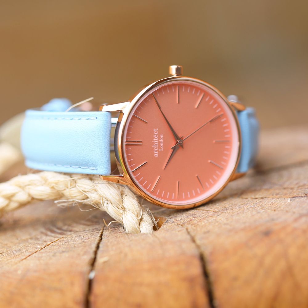 Ladies Architēct Coral - Handwriting Engraving + Light Blue Strap